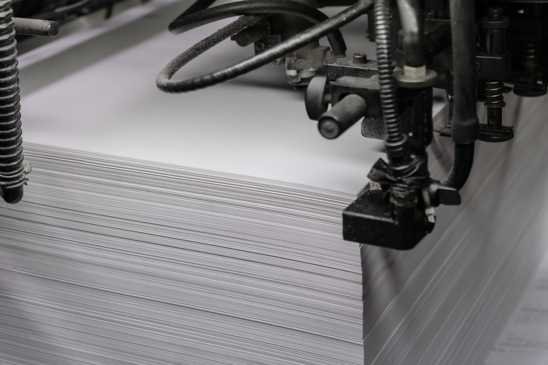 Printed sheets of paper are served in the printing press offset printing